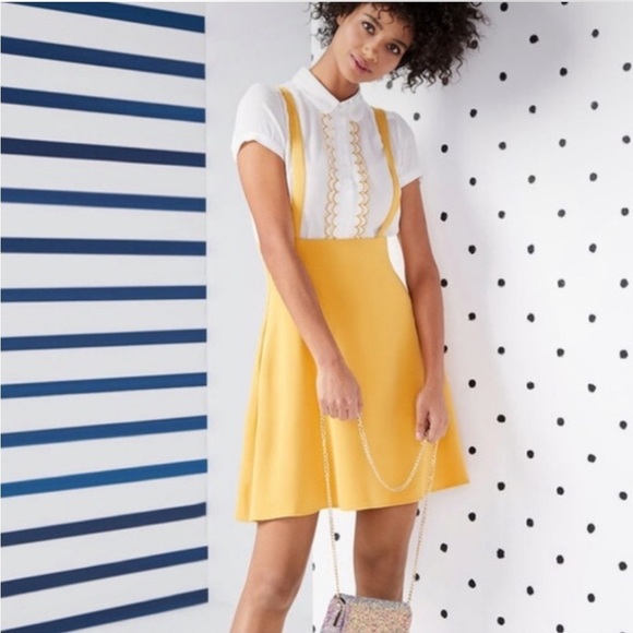 Modcloth Mustard Yellow Suspender Skirt Dress – Retro Inspired Fit & Flare Large - Picture 3 of 10
